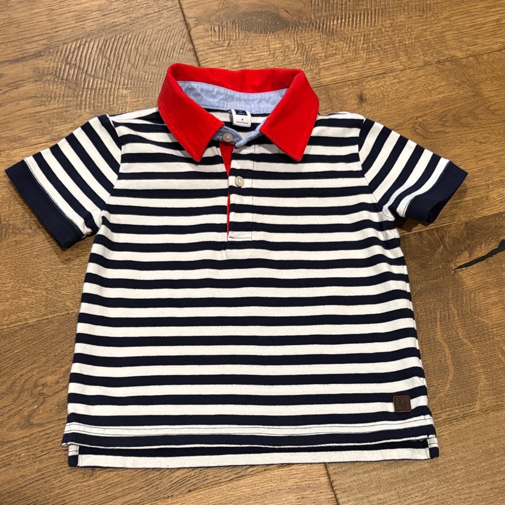 Janie and Jack Navy and White Striped Polo with Red Collar